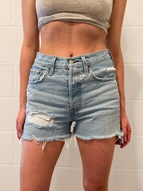 Levi's Light Wash Distressed Denim Shorts High Waisted Frayed Raw Hem Cutoffs